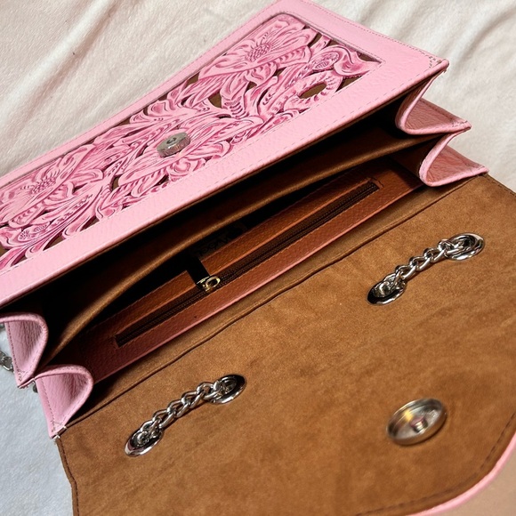 Fresa Tooled Leather Bag Pink Handbag Crossbody (B) - Picture 5 of 7